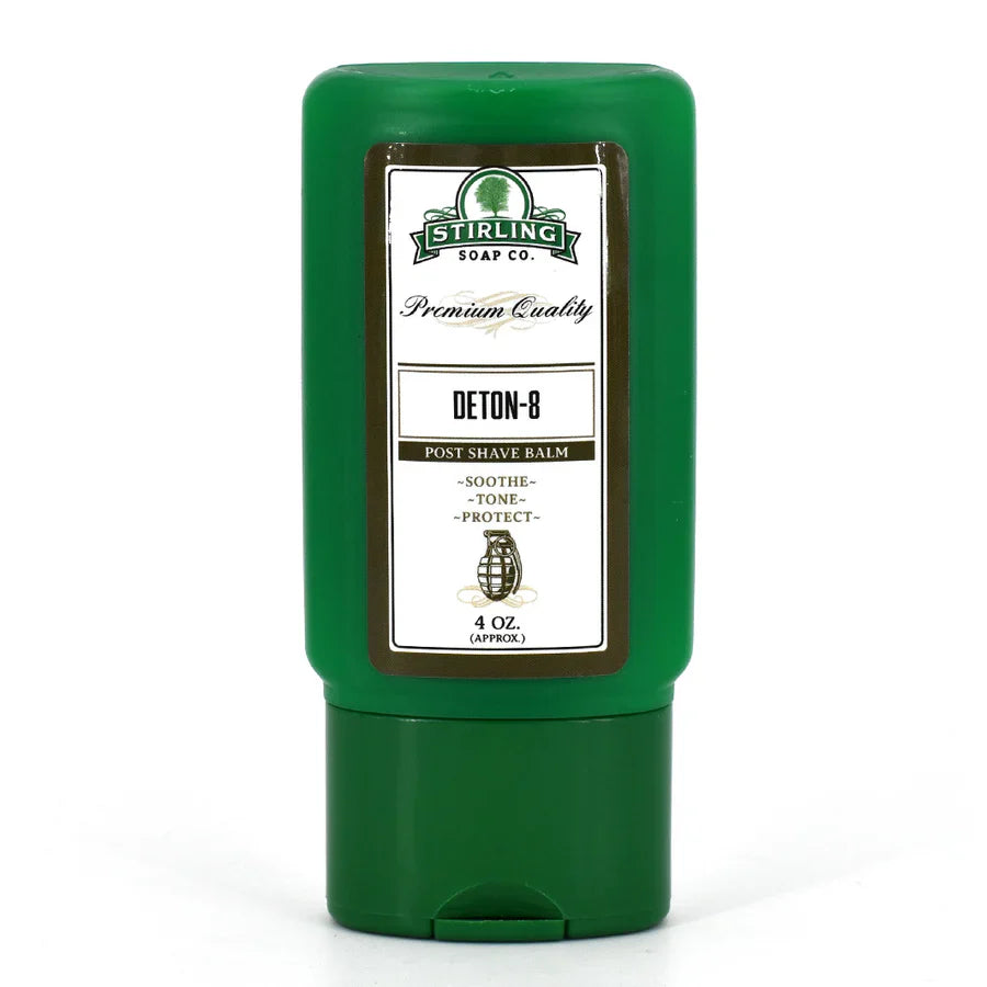 Stirling Soap Co. Deton-8 post shave balm in a 4oz container, soothing aftershave skincare product.