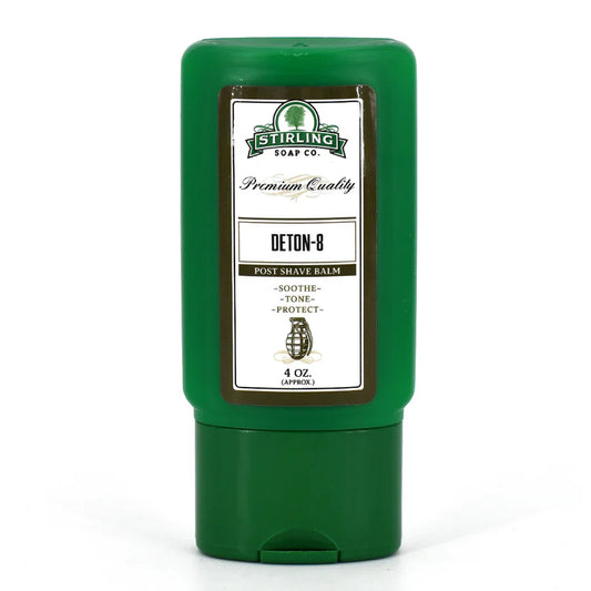 Stirling Soap Co. Deton-8 post shave balm in a 4oz container, soothing aftershave skincare product.