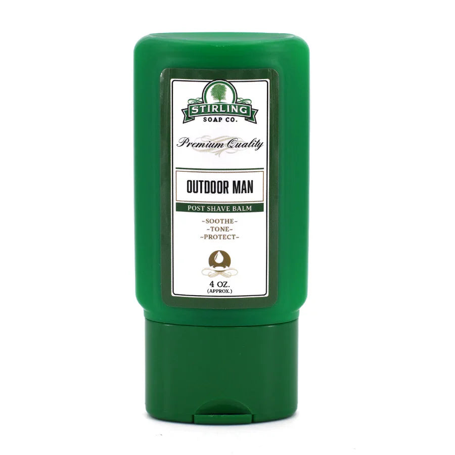 Outdoor Man Post Shave Balm by Stirling Soap Co., 4oz, in a white tube with black cap, designed for soothing post-shave skin.
