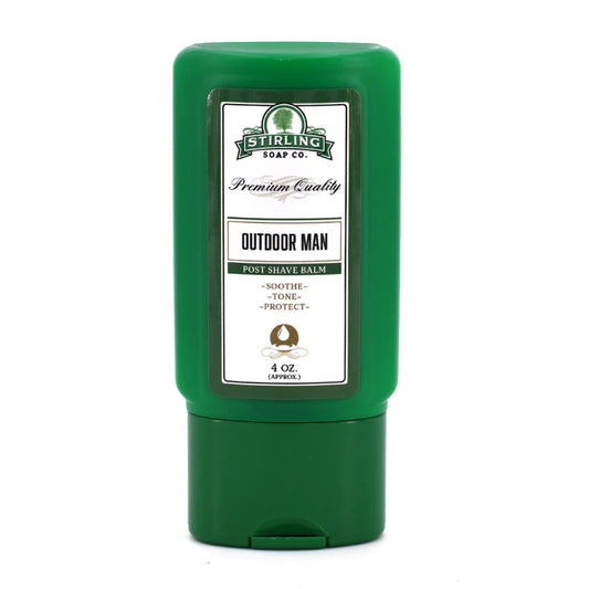 Outdoor Man Post Shave Balm by Stirling Soap Co., 4oz, in a white tube with black cap, designed for soothing post-shave skin.