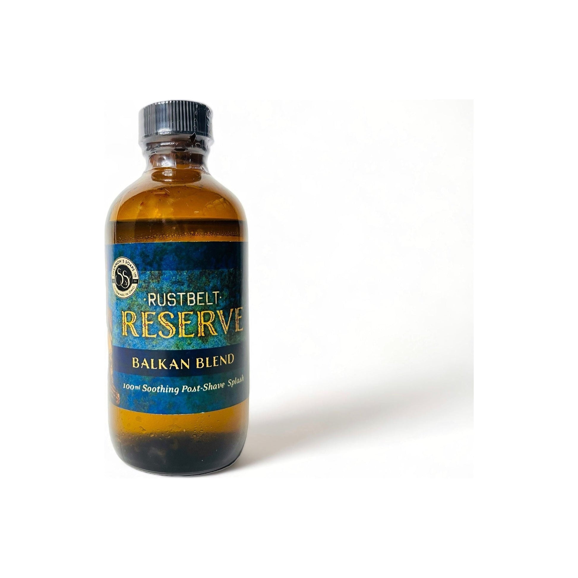Shannon's Soaps Balkan Blend Rustbelt Reserve alcohol-free soothing post-shave splash in 100ml bottle showing the product label.