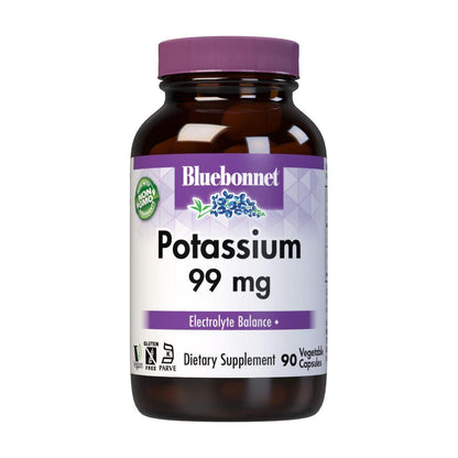 BlueBonnet Potassium Vegetarian Capsules, 99 mg supplement in a bottle, with 90 capsules visible inside.