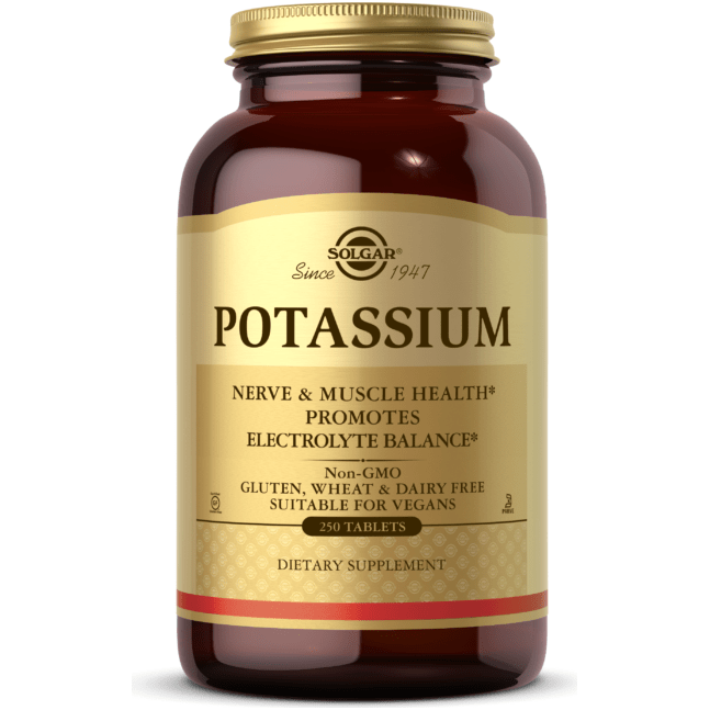 Solgar Potassium supplement bottles with 100 tablets, natural dietary supplement for potassium support from Pasteur Pharmacy.
