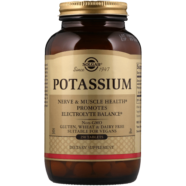 Solgar Potassium 250 tablets bottle, dietary supplement for potassium intake, on a white background