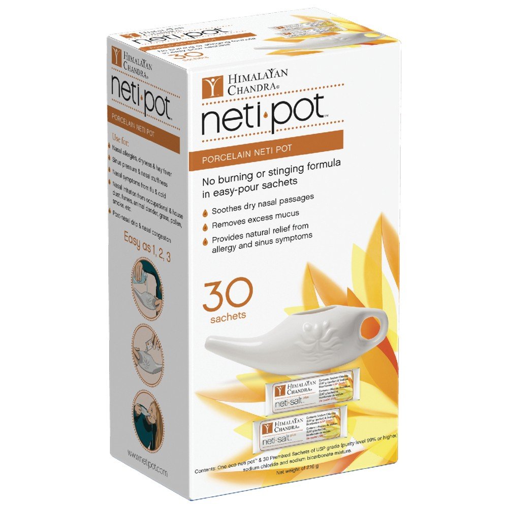 Himalayan Chandra porcelain Neti pot with 30 sachets, used for nasal rinsing, featuring a white ceramic design.