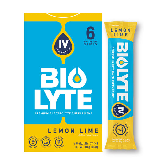 Biolyte On-The-Go Electrolyte Powder Sticks in Citrus flavor, 6-pack, for hydration and replenishing electrolytes.
