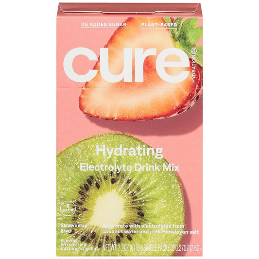 Cure Electrolyte Hydrating Drink Mix by Pasteur Pharmacy in Strawberry Kiwi flavor, 8-pack powdered beverage sticks on a white background.