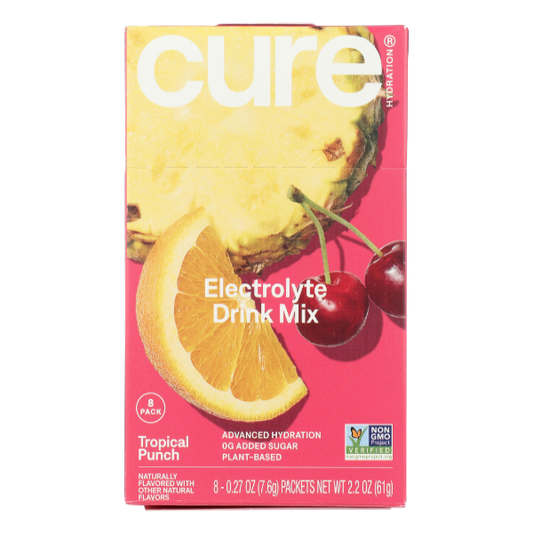Cure Hydration electrolyte drink mix powder in Tropical Punch flavor, Pasteur Pharmacy branded powdered beverage for hydration.
