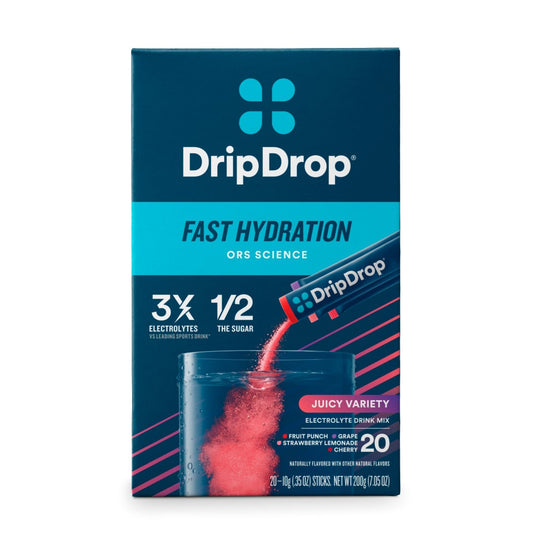 Drip Drop dehydration relief electrolyte drink mix variety carton by Pasteur Pharmacy, powdered beverage with juicy flavor options.