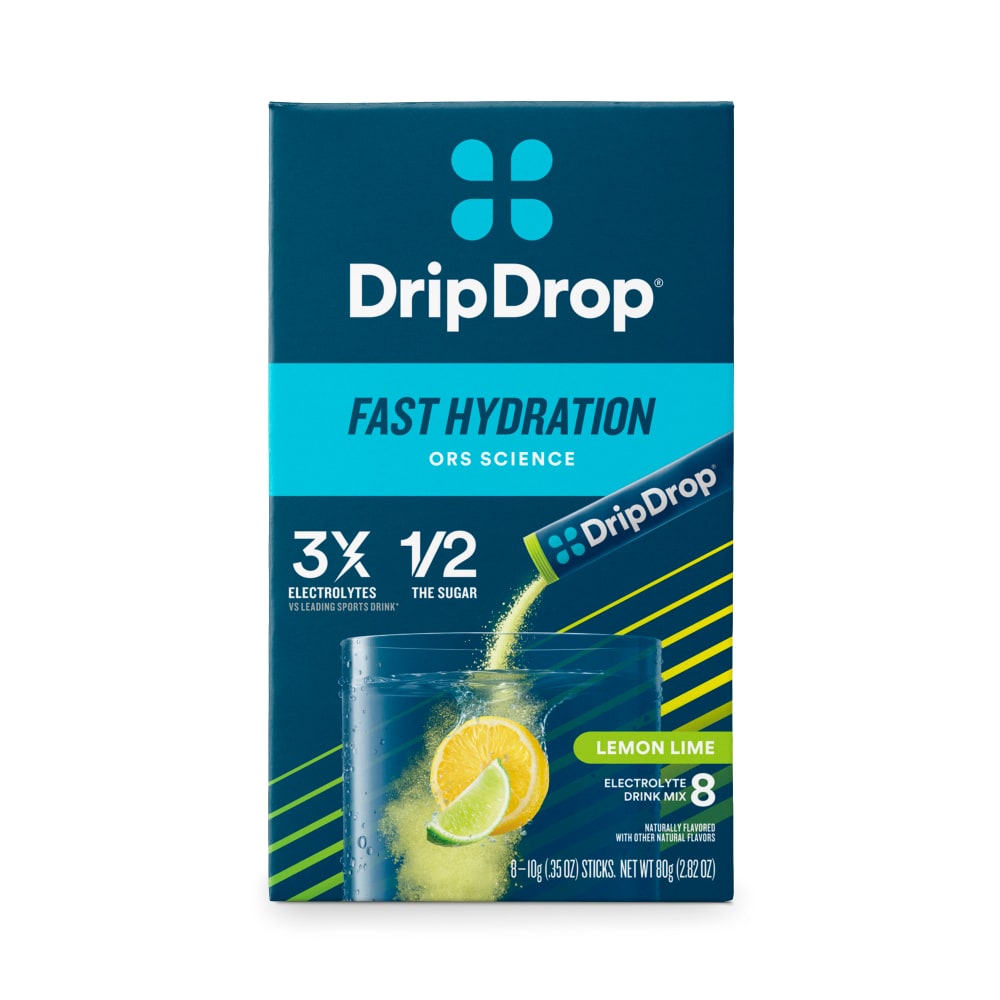 DripDrop Hydration Powder Vegan Lemon Lime beverage mix in an 8-count box, featuring bright lemon-lime flavor.