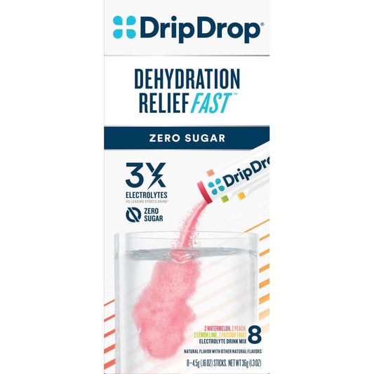 DripDrop Zero Sugar electrolyte drink mix variety pack in powdered beverage form by Pasteur Pharmacy.
