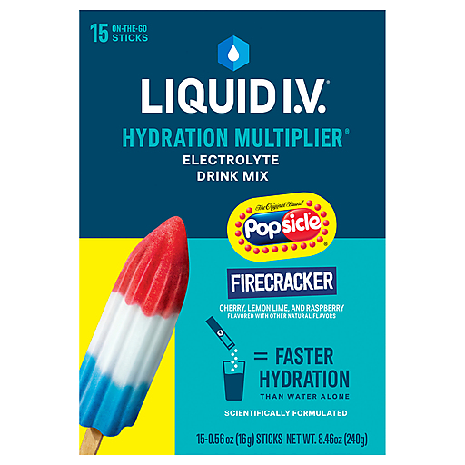 Liquid I.V. Firecracker electrolyte drink mix powder in a colorful packet, designed for hydration and replenishing electrolytes.