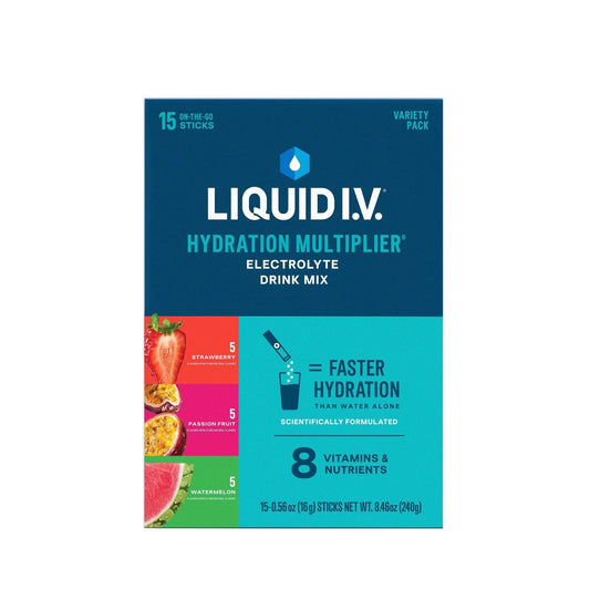 Liquid I.V. Hydration Multiplier powdered beverage mix variety pack with strawberry, passion fruit, and watermelon flavors.