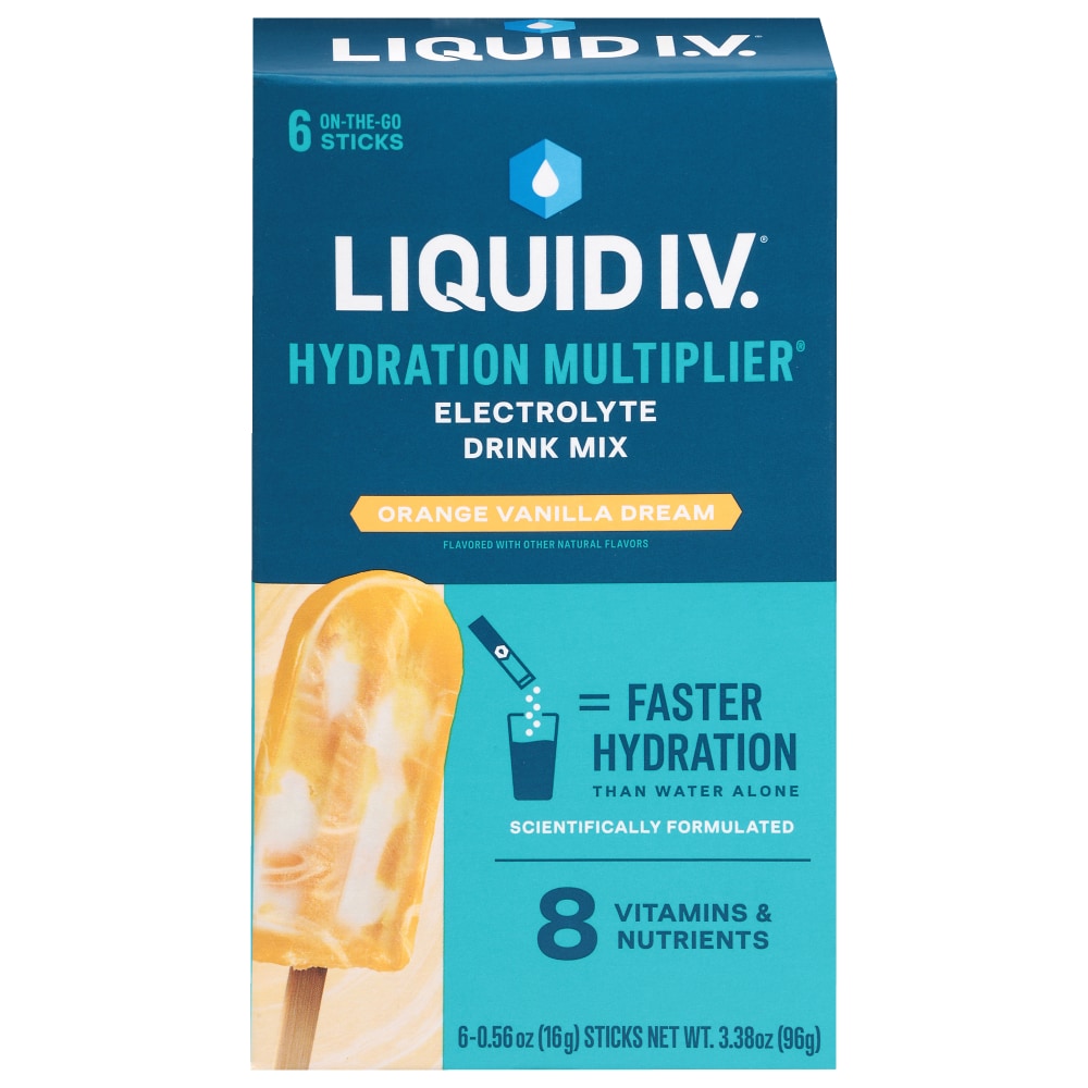 Liquid I.V. Hydration Multiplier electrolyte drink mix packets in orange vanilla flavor, powdered beverage mix for hydration.