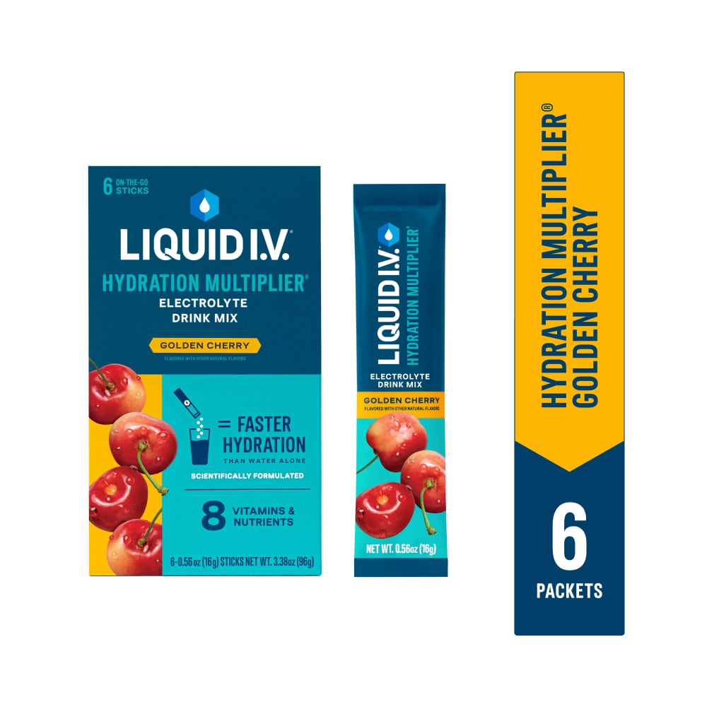 Liquid I.V. Hydration Multiplier powdered beverage mix in Golden Cherry flavor, featuring a colorful packet with cherry images.