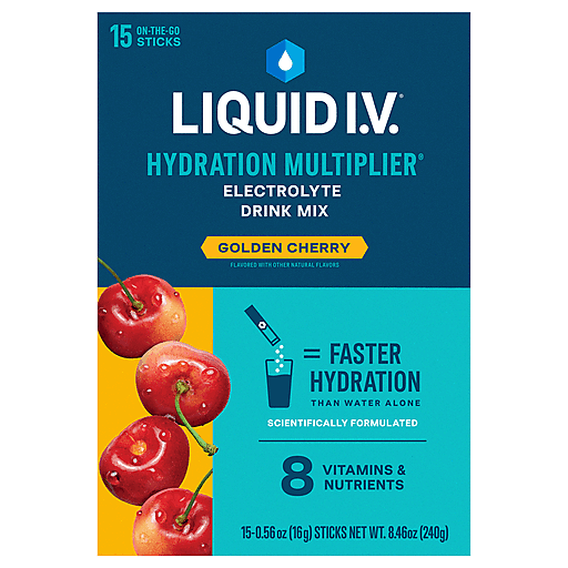 Liquid I.V. Hydration Multiplier Golden Cherry electrolyte drink mix powder in a packet from Pasteur Pharmacy.