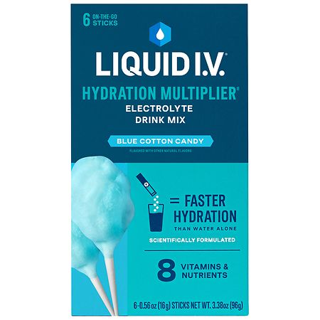 Liquid I.V. Hydration Multiplier electrolyte powdered drink mix in blue cotton candy flavor, in a clear packet with blue accents.