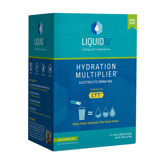 Liquid I.V. Hydration Multiplier watermelon flavored powdered beverage mix in a clear packet on a white background.