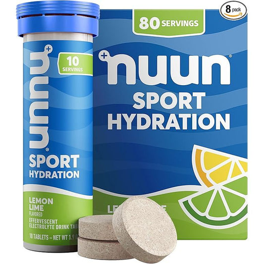 Nuun Sport Hydration Lemon Lime powdered beverage mix by Pasteur Pharmacy, showing the 10-tablet box on a white background.