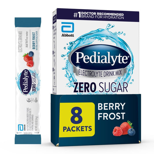 Pedialyte Zero Sugar Berry Frost electrolyte drink mix powder by Pasteur Pharmacy in a sealed container.