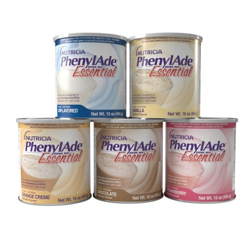 Case of six PhenylAde Essential Drink Mix Chocolate powdered beverage containers, 16 oz each, from Pasteur Pharmacy.