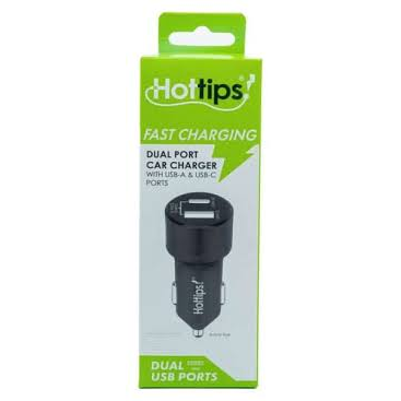 Hottips® Dual USB Car Charger 20W power adapter, compact car charger with two USB ports for fast device charging.