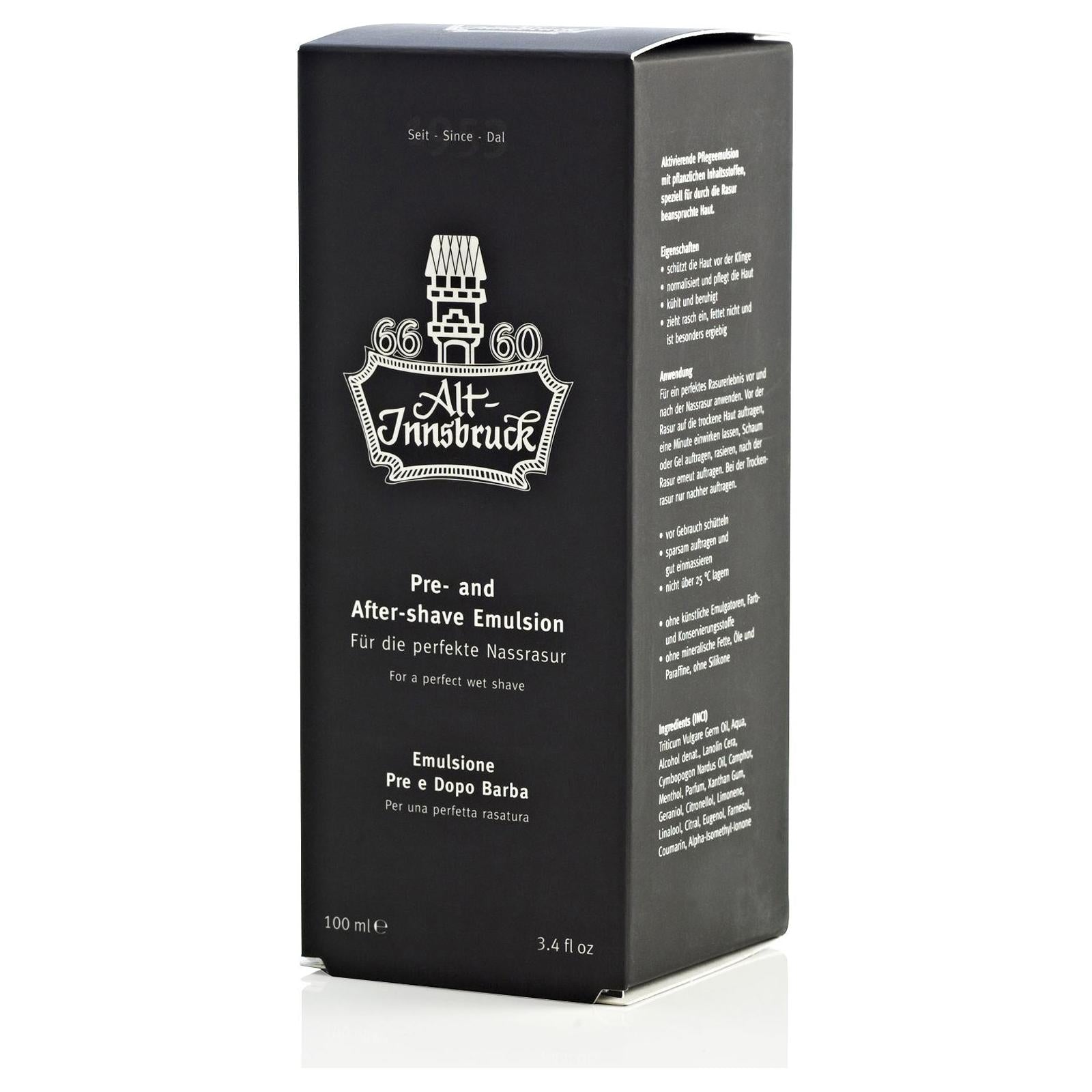 Pasteur Pharmacy Alt-Innsbruck Pre and After Shave Emulsion 3.4 oz bottle, smooth skincare for men's grooming.