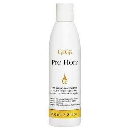 Gigi Pre-Hon Pre-Epilation Cleanser in 8 oz bottle by Pasteur Pharmacy, designed for preparing skin before hair removal.