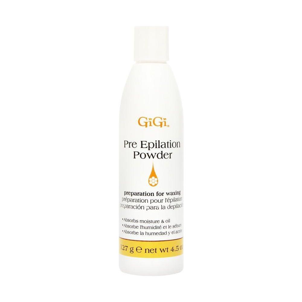 Gigi Pre Epilation Powder by Pasteur Pharmacy in a 4.5 oz container, used for preparing skin before hair removal.