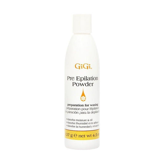 Gigi Pre Epilation Powder by Pasteur Pharmacy in a 4.5 oz container, used for preparing skin before hair removal.