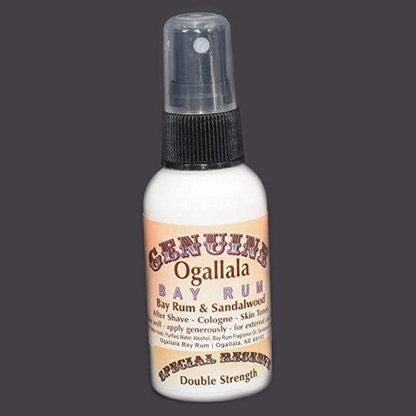 Pasteur Pharmacy Ogallala Bay Rum & Sandalwood pre-shave after shave skin toner in 2 oz bottle, with label and product details.