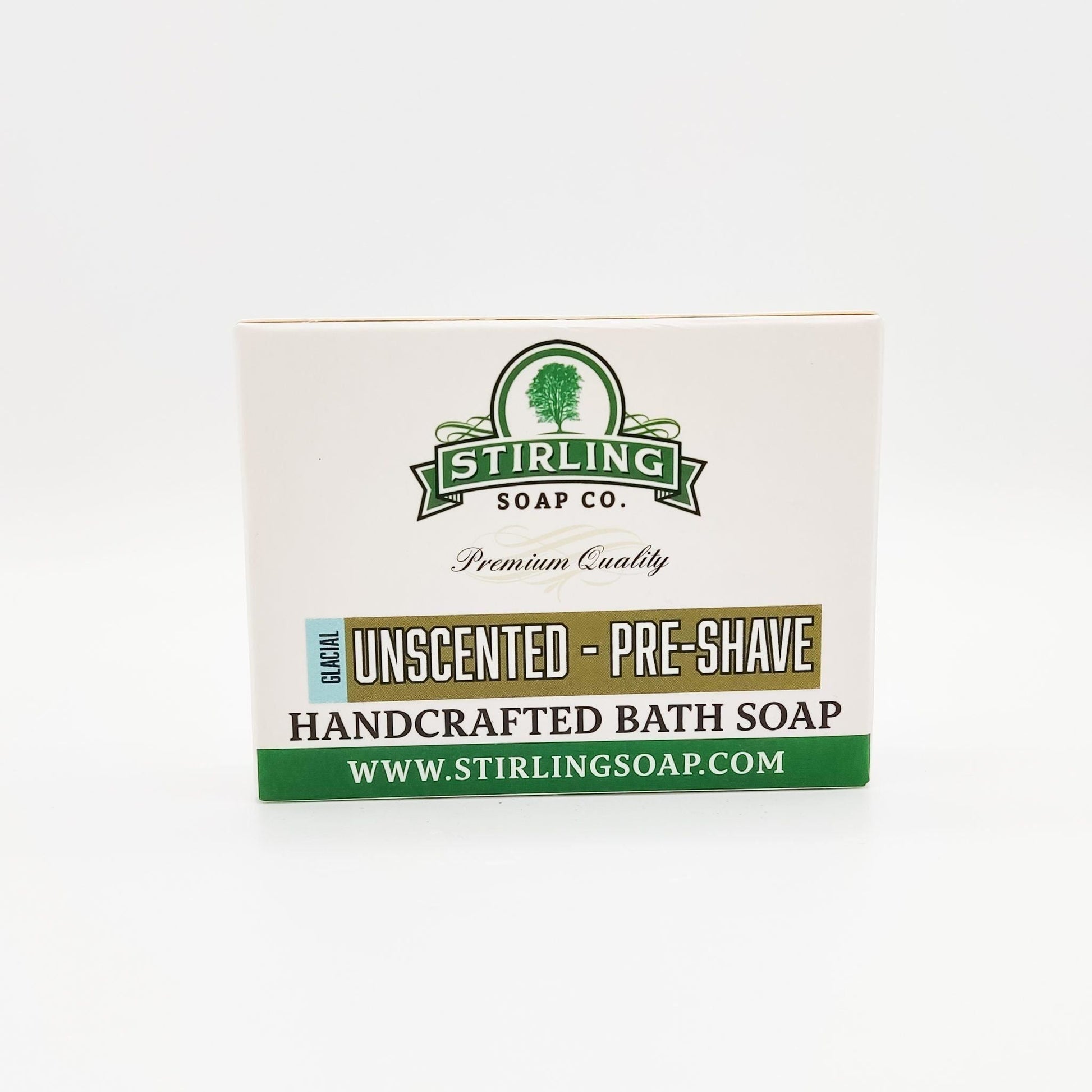 Stirling Soap Co. Glacial Unscented Pre-Shave Bath Soap, 5.5 oz, in a white soap bar with packaging label.