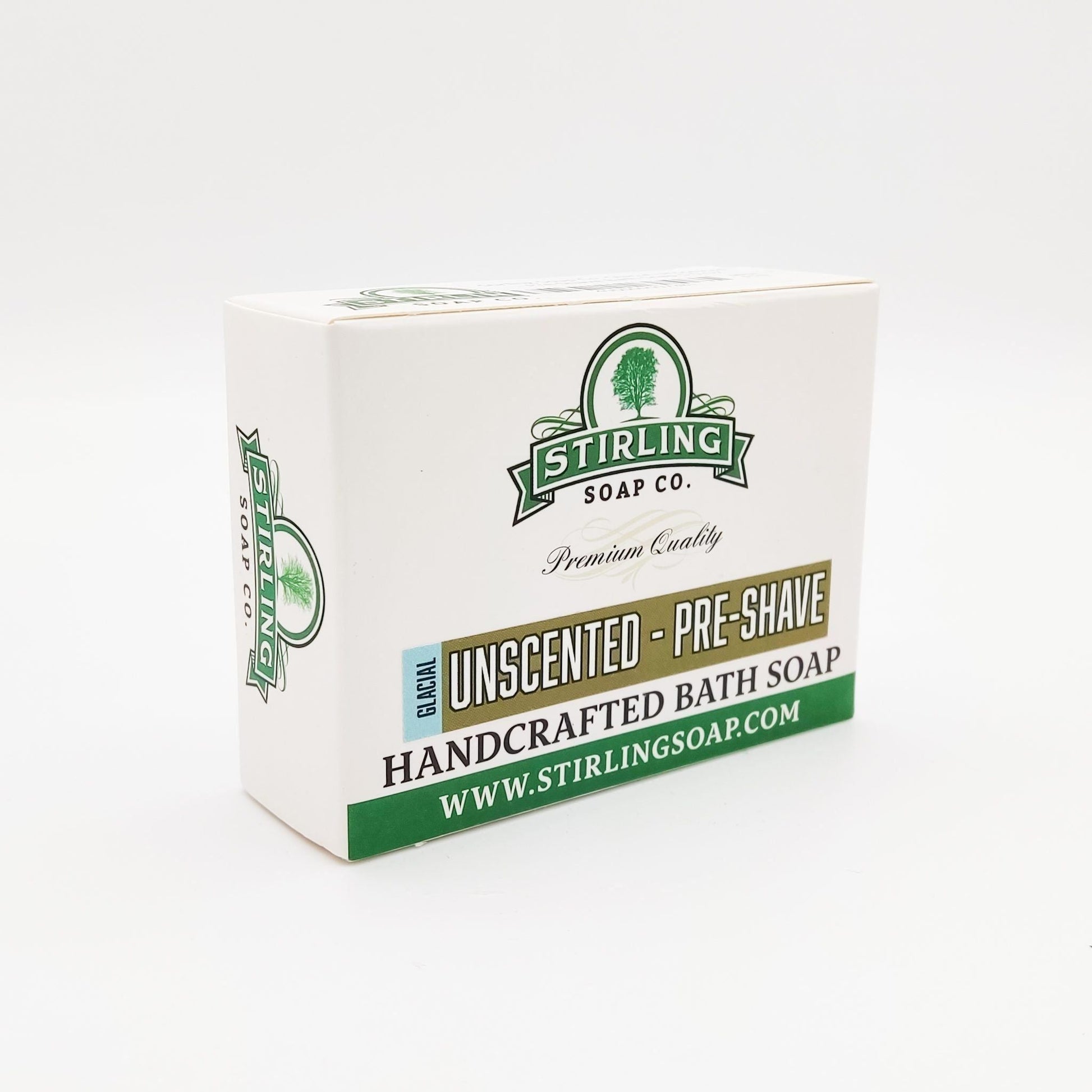 Stirling Soap Co. Glacial Unscented Pre-Shave Bath Soap in 5.5 oz container, natural pre-shave grooming product from Pasteur Pharmacy