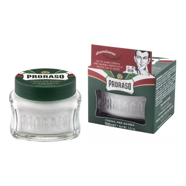 Proraso Pre-Shave Cream with eucalyptus and menthol in a 3.6 oz tube, designed to soften skin before shaving.
