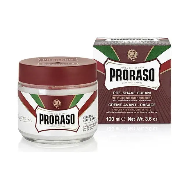Proraso Pre-Shave Cream with sandalwood oil and shea butter, moisturizing and nourishing for a smooth shave, 3.6 oz.