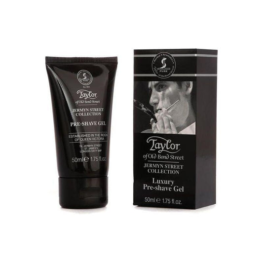 Taylor of Old Bond Street Jermyn Street Pre-Shave Gel in 1.7 oz tube, with clear gel texture and branding visible.