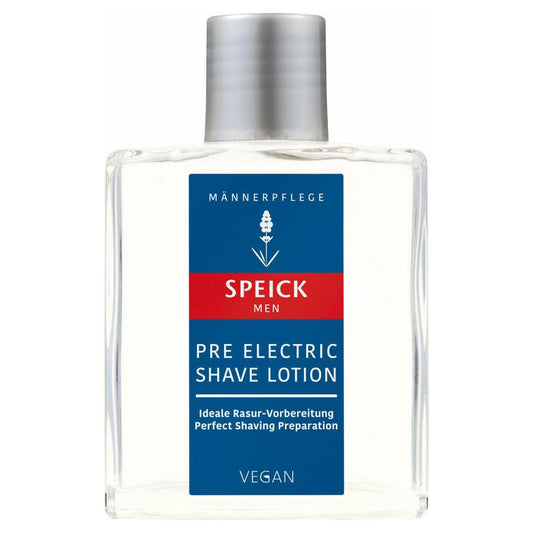 Speick Men Pre Shave Lotion from Pasteur Pharmacy, 3.4 oz, in a clear bottle with a pump dispenser, designed for preparing skin before shaving.
