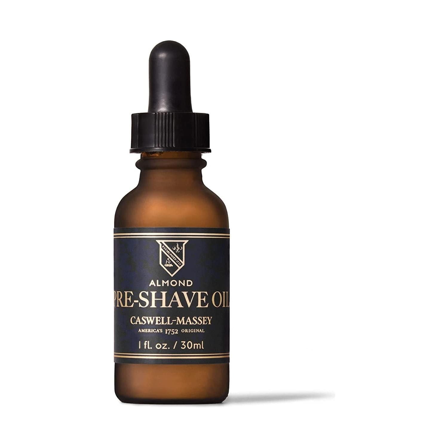 Caswell-Massey Almond Pre-Shave Oil collection in 1 oz bottles, featuring natural almond-scented pre-shave oil for smooth shaves