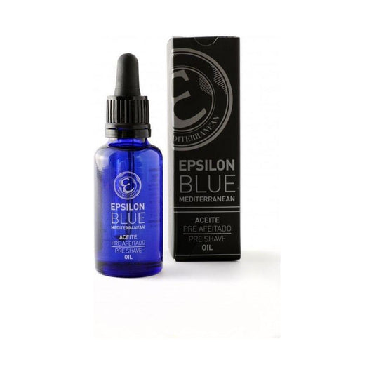 Epsilon Pre-Shave Oil by Pasteur Pharmacy in Blue Mediterranean, 30ml bottle, natural pre-shave grooming product with blue-colored packaging.