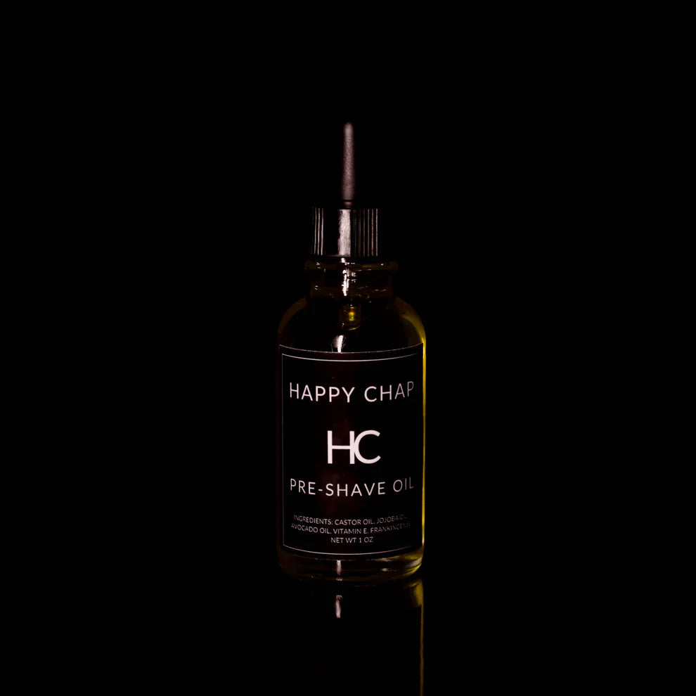 Pasteur Pharmacy Happy Chap Pre-Shave Oil 1 oz bottle, smooth formula for preparing the skin before shaving.