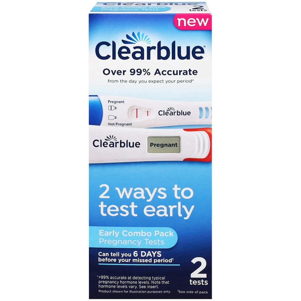 Clearblue early detection and digital pregnancy tests from Pasteur Pharmacy, showing test sticks and digital display.