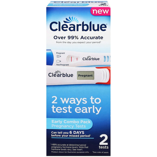 Clearblue early detection and digital pregnancy tests from Pasteur Pharmacy, showing test sticks and digital display.