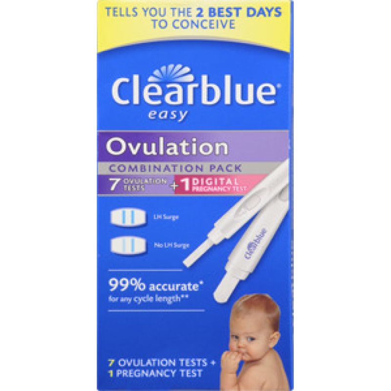 Clearblue Easy Ovulation 8-pack pregnancy test kit with individual tests and packaging, designed for fertility tracking.