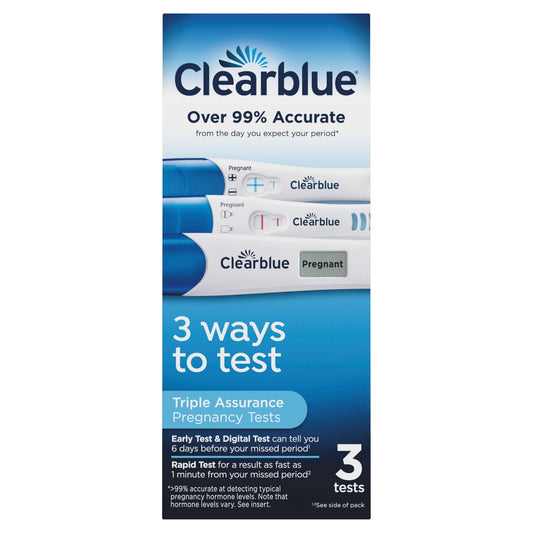 Clearblue Triple Assurance Pregnancy Tests in a pack of three, with white and blue test sticks shown on a white background.