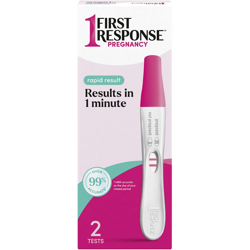 First Response Pregnancy Test kit with two rapid result tests, used for early pregnancy detection by Pasteur Pharmacy.
