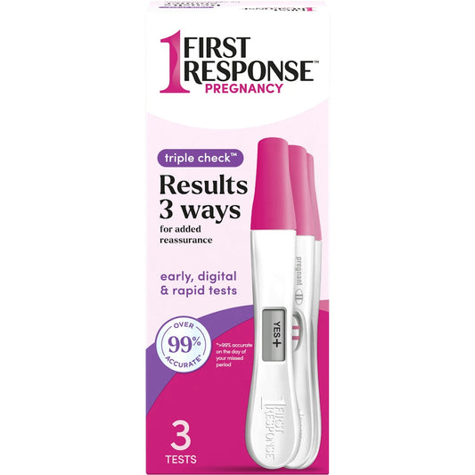 First Response Triple Check pregnancy test kit with three tests in a box, designed for early pregnancy detection by Pasteur Pharmacy.