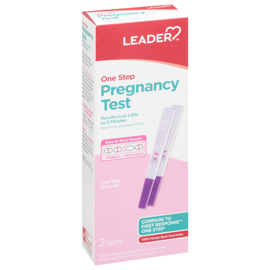 Leader™ One Step Pregnancy Test kit by Pasteur Pharmacy showing the test device with positive and negative result indicators.