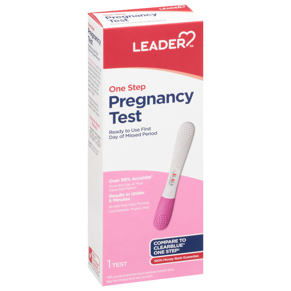 Leader One Step Pregnancy Test Kit by Pasteur Pharmacy showing the test device and packaging for early pregnancy detection.