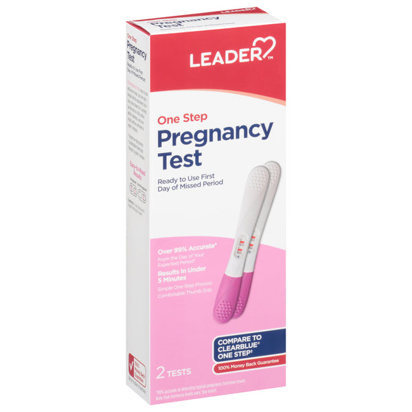 Leader One Step Pregnancy Test Kit from Pasteur Pharmacy showing the test device with result window and packaging.