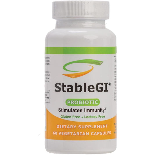 Stable GI Daily Probiotic capsules by Pasteur Pharmacy, 60 vegetable probiotic capsules in a clear bottle with label.